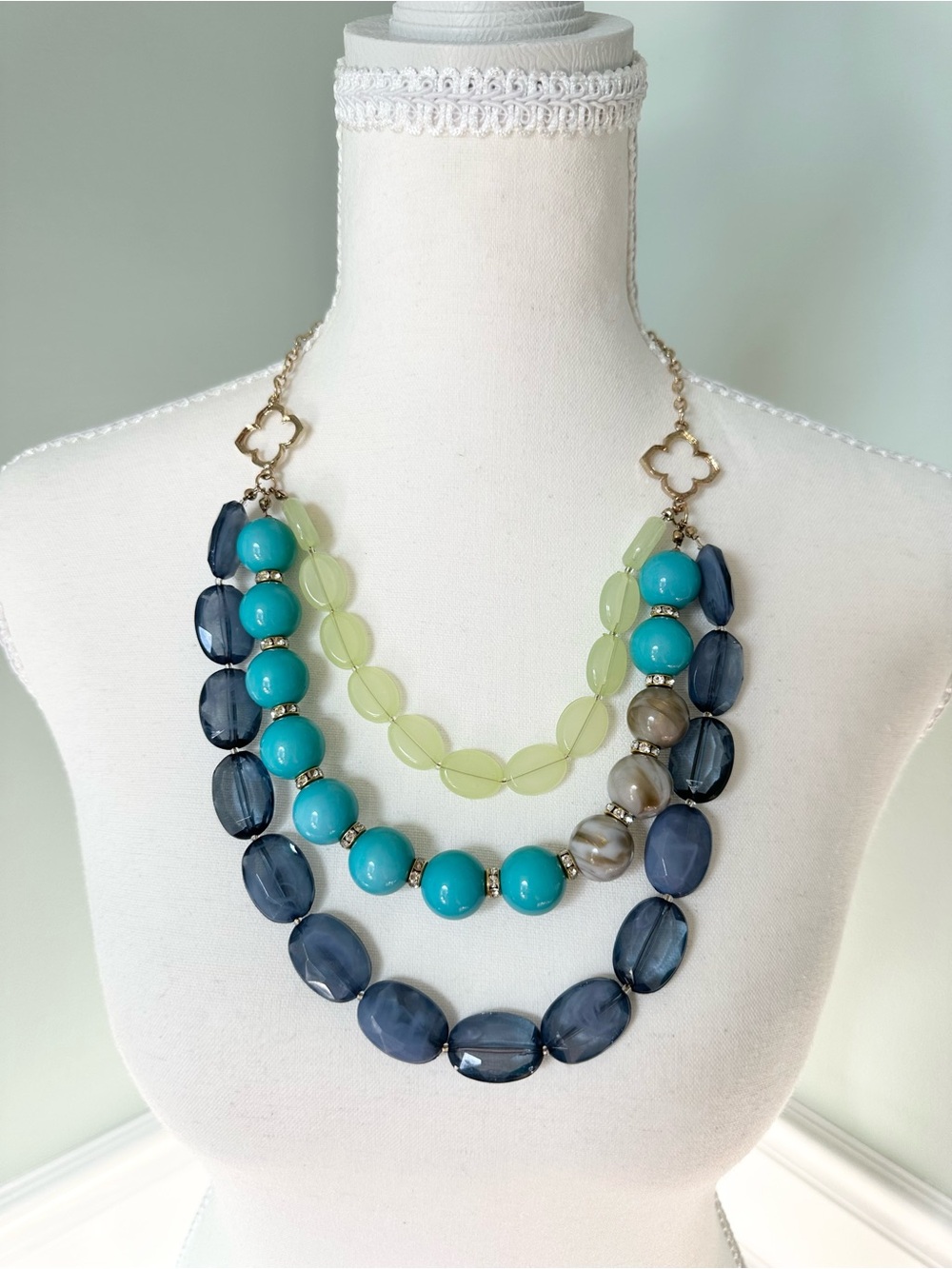 Simple Addiction Gold-Tone Three Strand Necklace Blue Turquoise Gold Brown Green